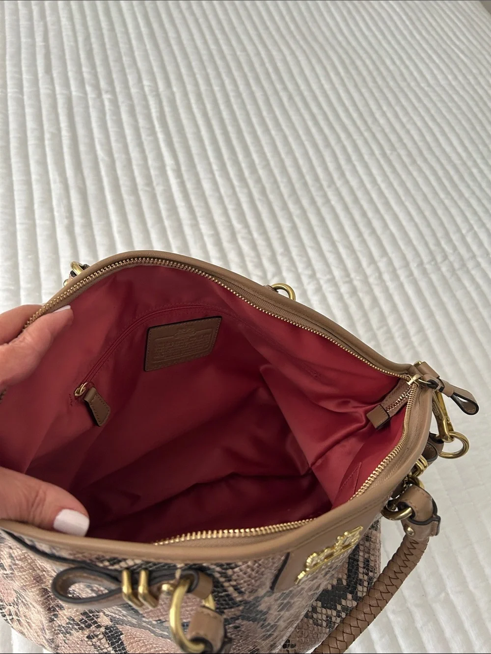 Coach Pink Snake-Print Satchel with Tan Trim - Picture 7 of 12